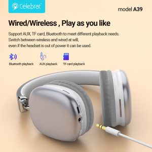 CELEBRAT headphones A39, ασύρματα & ενσύρματα, micro SD, 40mm, 400mAh, ασημί 3 micro SD