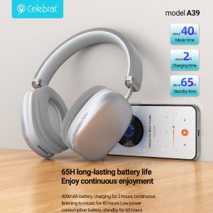 CELEBRAT headphones A39, ασύρματα & ενσύρματα, micro SD, 40mm, 400mAh, ασημί 4 40mm