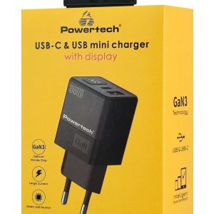 POWERTECH φορτιστής τοίχου PT-1499 με οθόνη, USB/USB-C, 35W, GaN, μαύρος 4 GaN