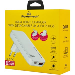 POWERTECH φορτιστής τοίχου PT-1532, EU/UK/CN βύσμα, USB/USB-C, 65W, GaN, λευκός 4 65W