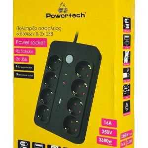 POWERTECH πολύπριζο ασφαλείας PT-1535, 8 θέσεων, με USB & USB-C θύρες, 16A, 1.5m, μαύρο 4 16A