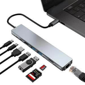 POWERTECH docking station PT-1536, 8 θυρών, USB-C σύνδεση, 87W PD, 100Mbps, γκρι 2 8 θυρών
