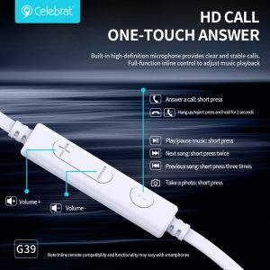 CELEBRAT earphones με μικρόφωνο G39, USB-C σύνδεση, 14mm, 1.2m, λευκά 3 14mm